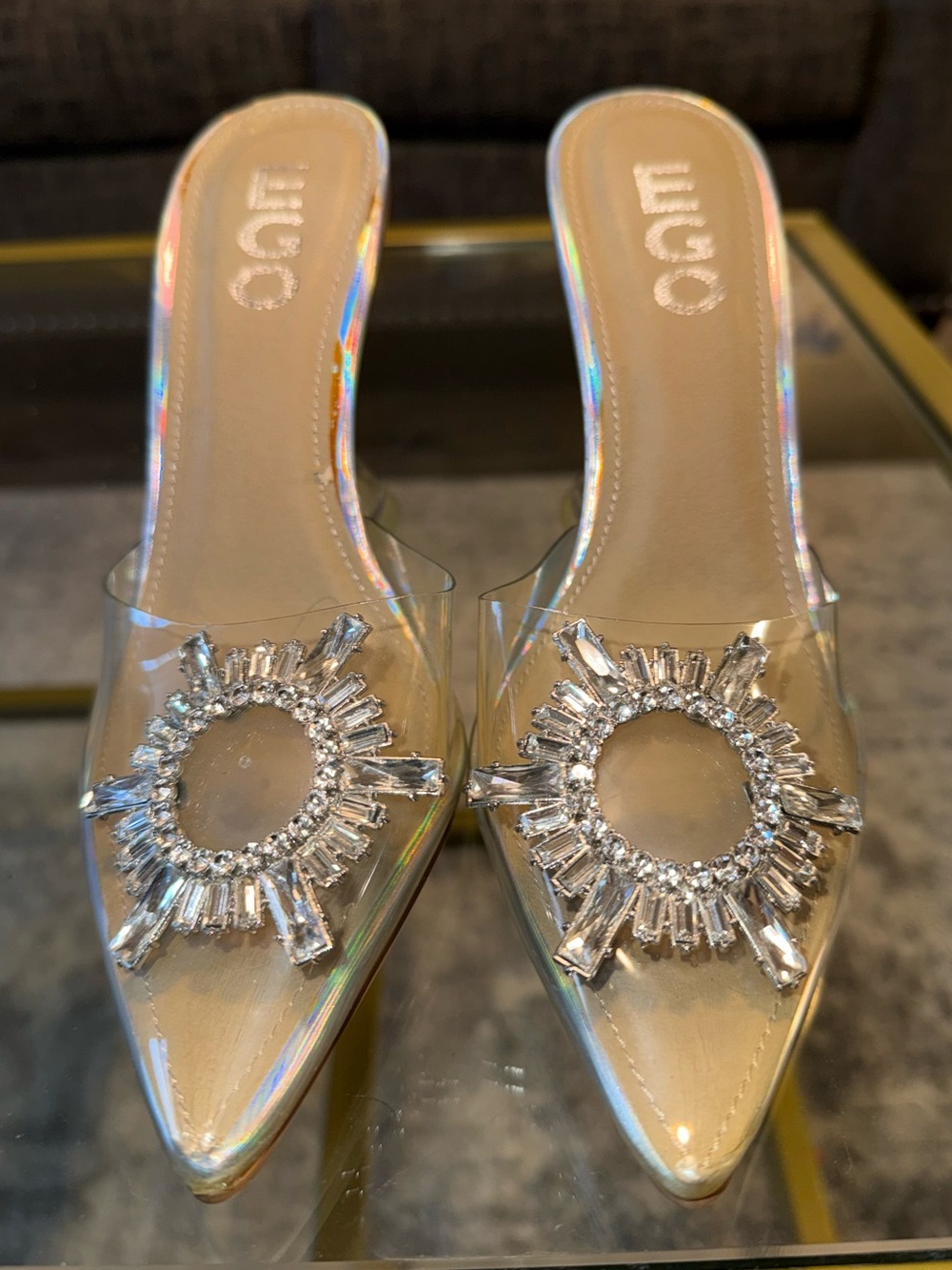 Clear Pointed Mule with Crystal Sunburst Accent